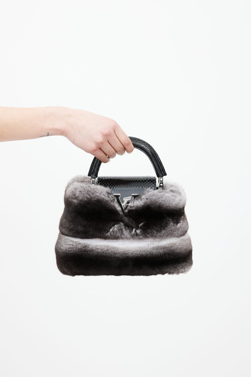 Louis Vuitton Black Leather & Grey Fur Capucines Mini Shoulder Bag