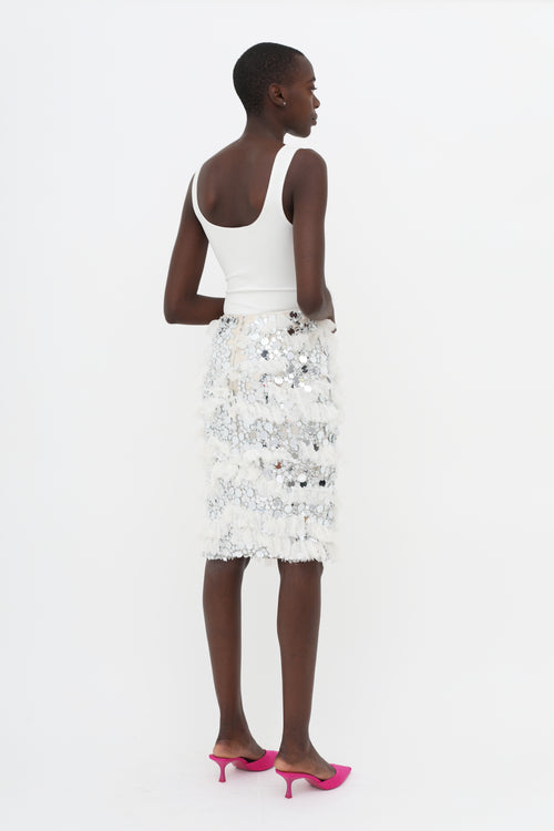 Nina Ricci White & Silver-Tone SS14 Embellished Ruffle Skirt