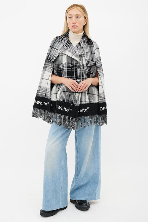 Off-White Grey & White Plaid Fringe Cape