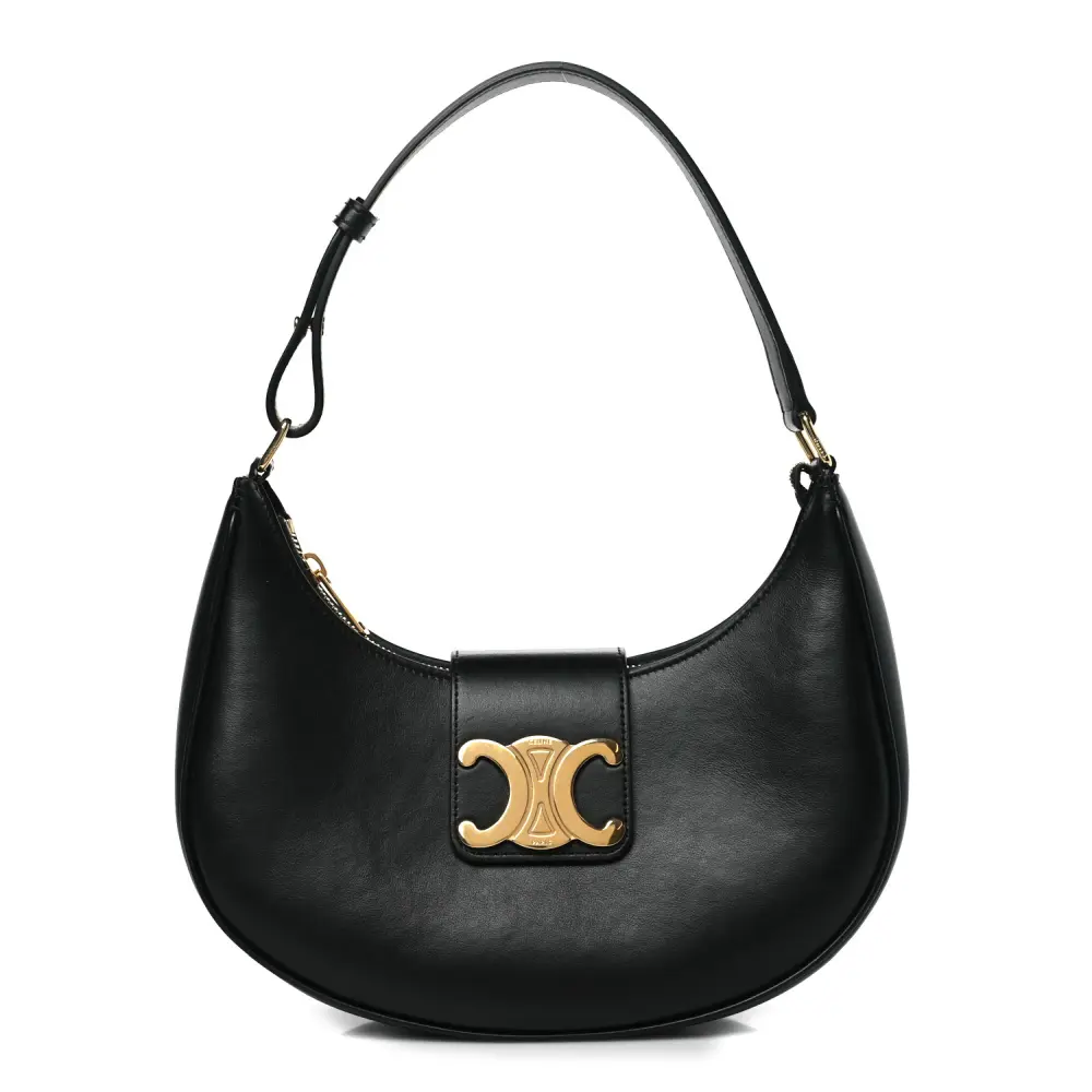 Celine Medium Strap Ava Triomphe Shoulder Bag Black Smooth Calfskin Leather Gold Hardware Front
