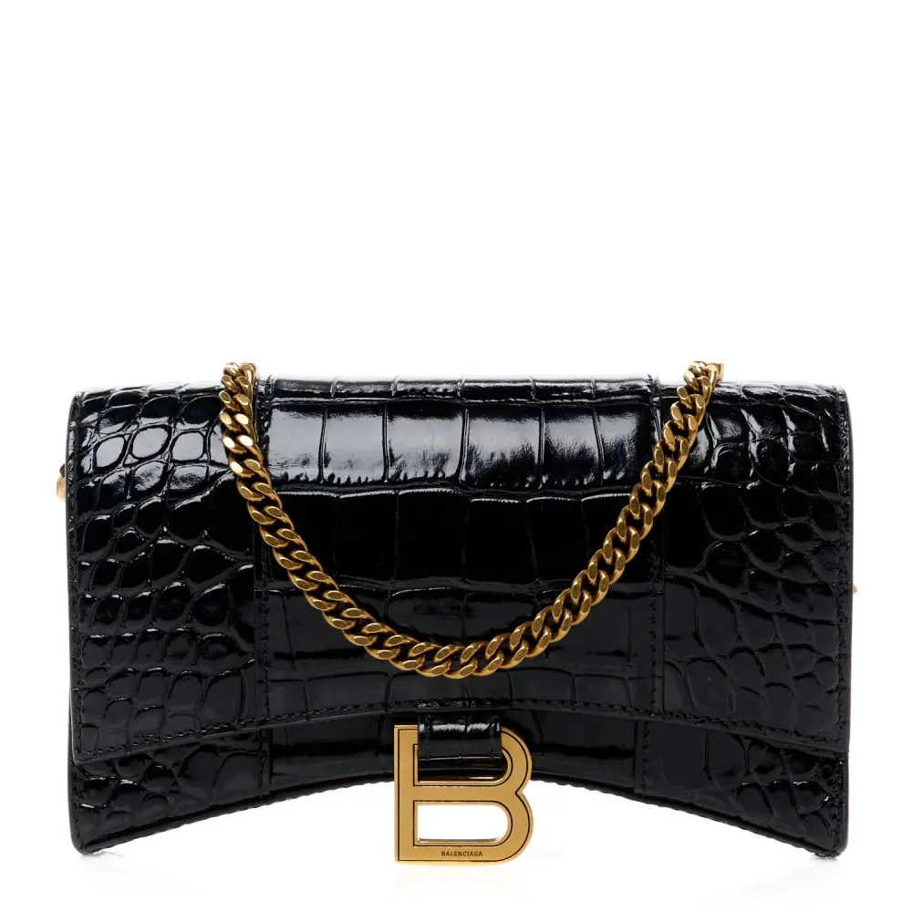 Lushentic Replica Handbags XS Hourglass Chain Bag Black Crocodile Design