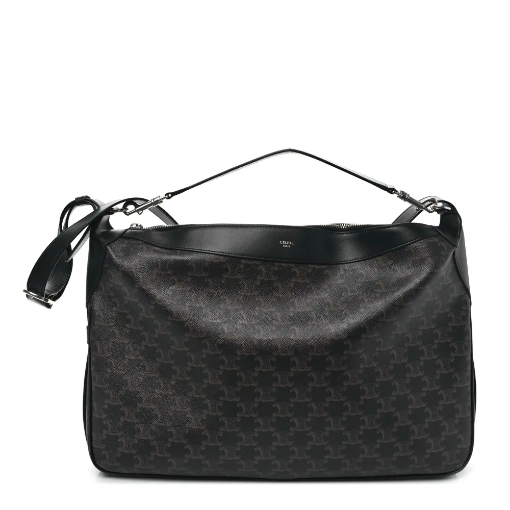 Lushentic Celine Large Romy Shoulder Bag Black Triomphe Canvas Calfskin Leather Silver Hardware Front