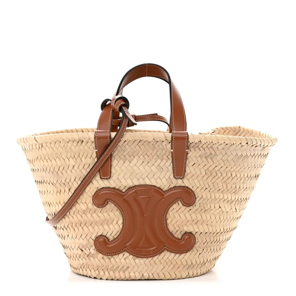 Lushentic Celine Large Triomphe Teen Panier Tan Raffia Calfskin Leather Gold Hardware Front