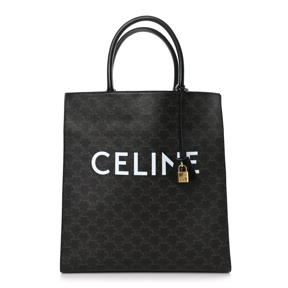 Lushentic Celine Large Vertical Cabas Black Triomphe Canvas Calfskin Leather Front