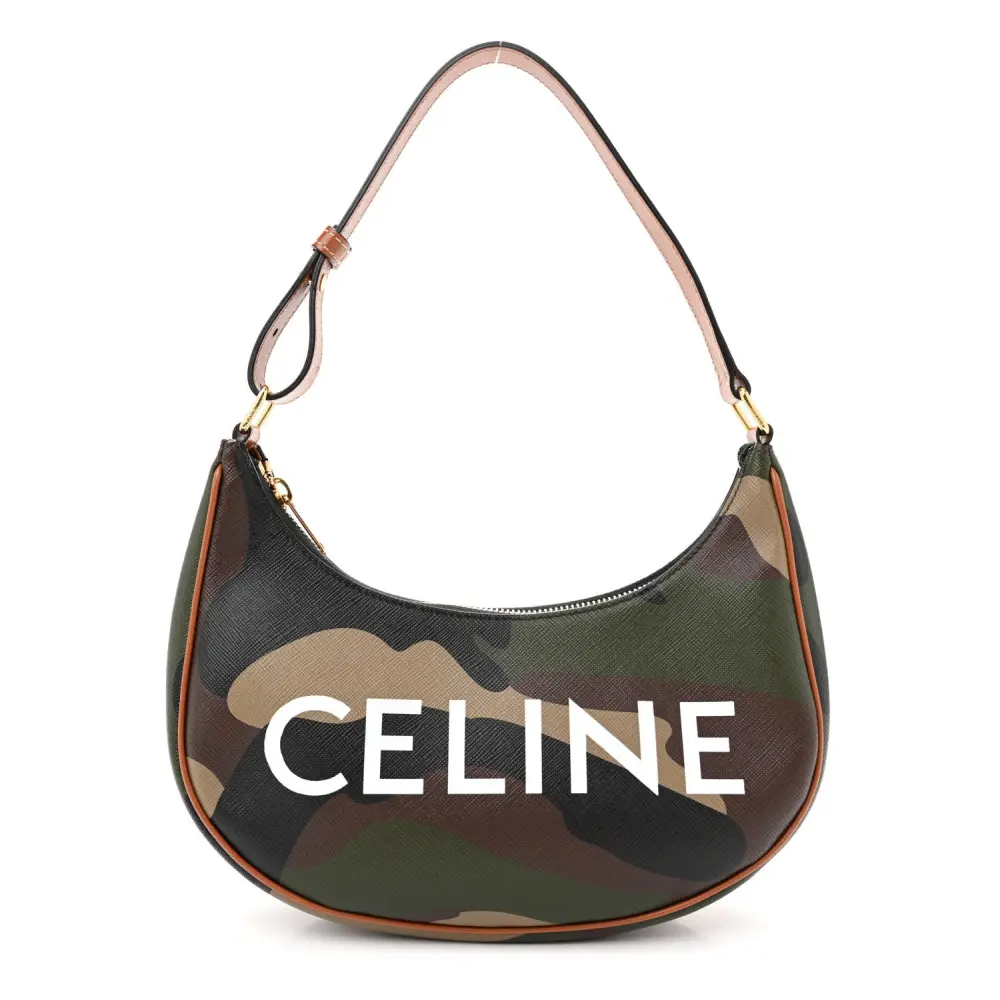 Lushentic Celine Medium Ava Logo Triomphe Shoulder Bag Khaki Camouflage Canvas Calfskin Leather Gold Hardware Front