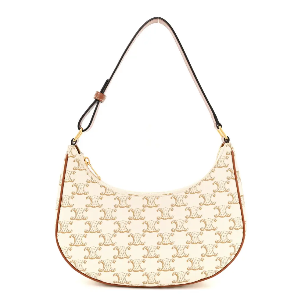 Lushentic Celine Medium Ava Triomphe Shoulder Bag White Canvas Calfskin Leather Gold Hardware Front