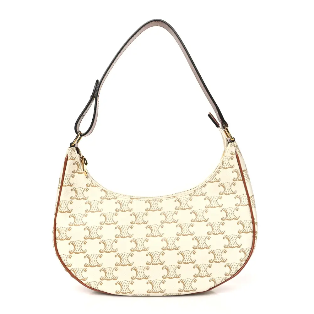 Lushentic Celine Medium Ava Triomphe Shoulder Bag White Canvas Calfskin Leather Gold Hardware Front