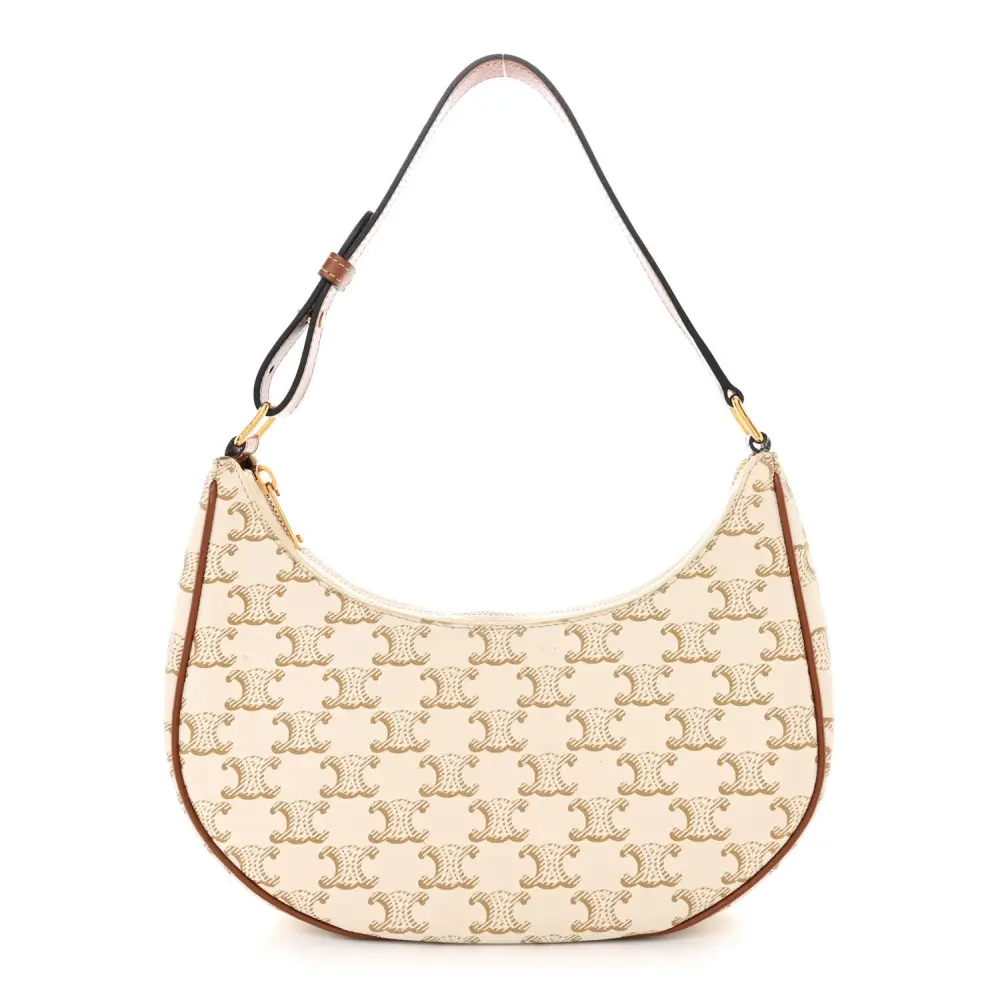 Lushentic Celine Medium Ava Triomphe Shoulder Bag White Canvas Calfskin Leather Gold Hardware Front