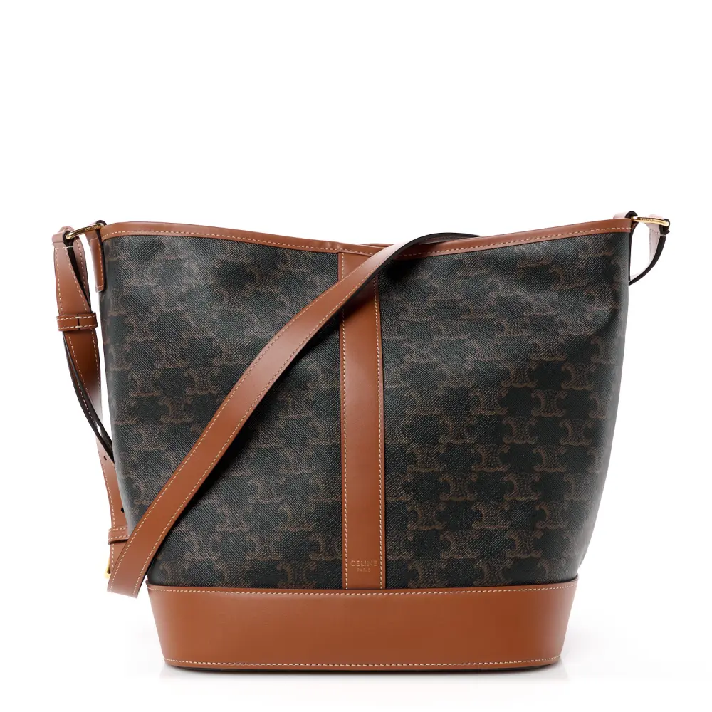 Lushentic Celine Medium Bucket Bag Tan Triomphe Canvas Calfskin Leather Front