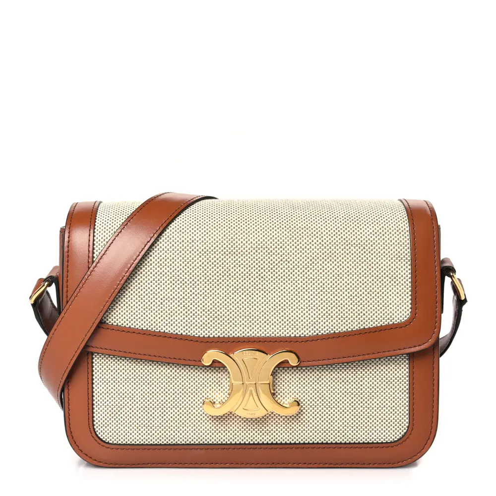 Lushentic Celine Medium Classique Triomphe Bag WhiteTan Textile Natural Calfskin Leather Gold Hardware Front