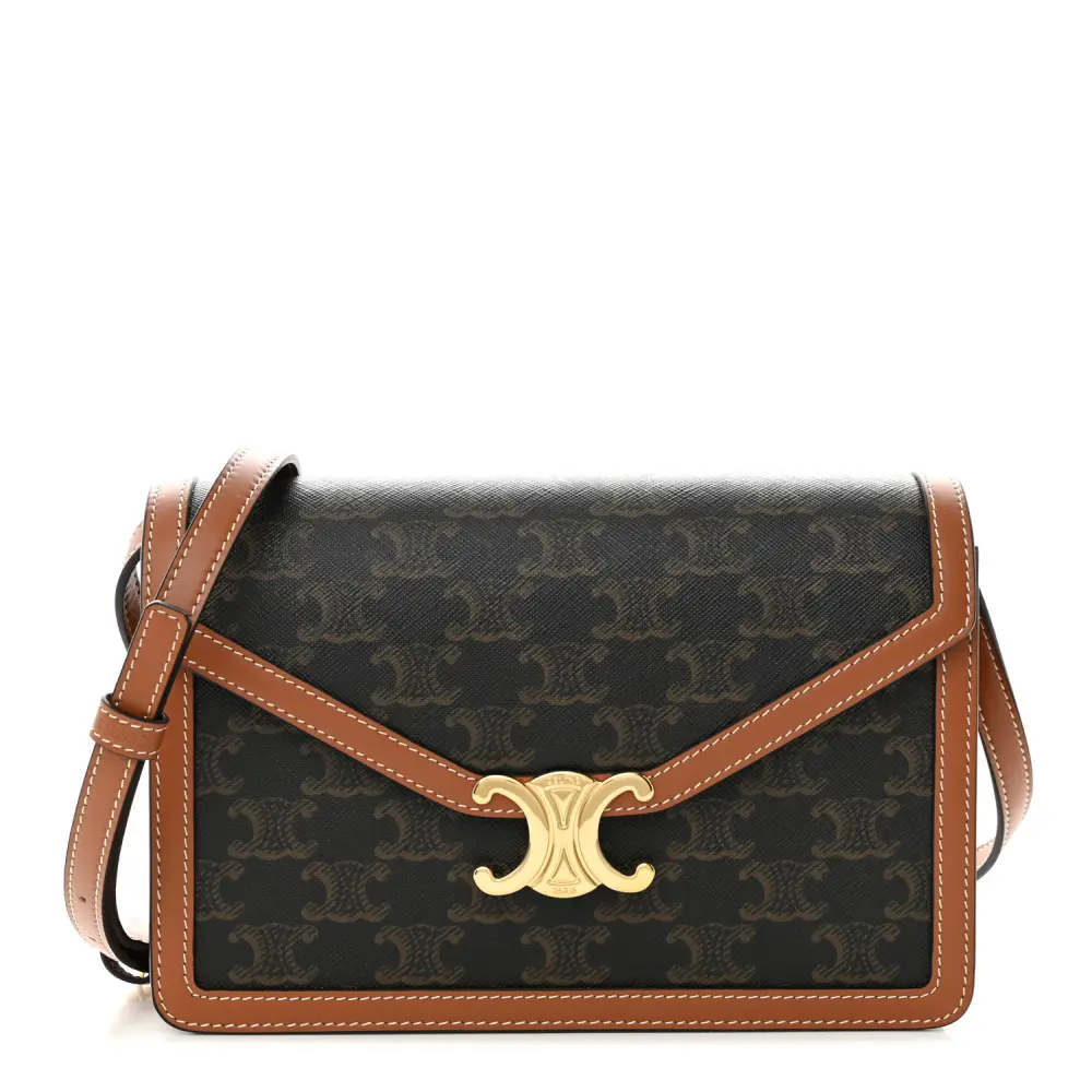 Lushentic Celine Medium Enveloppe Bag Tan Triomphe Canvas Calfskin Leather Gold Hardware Front