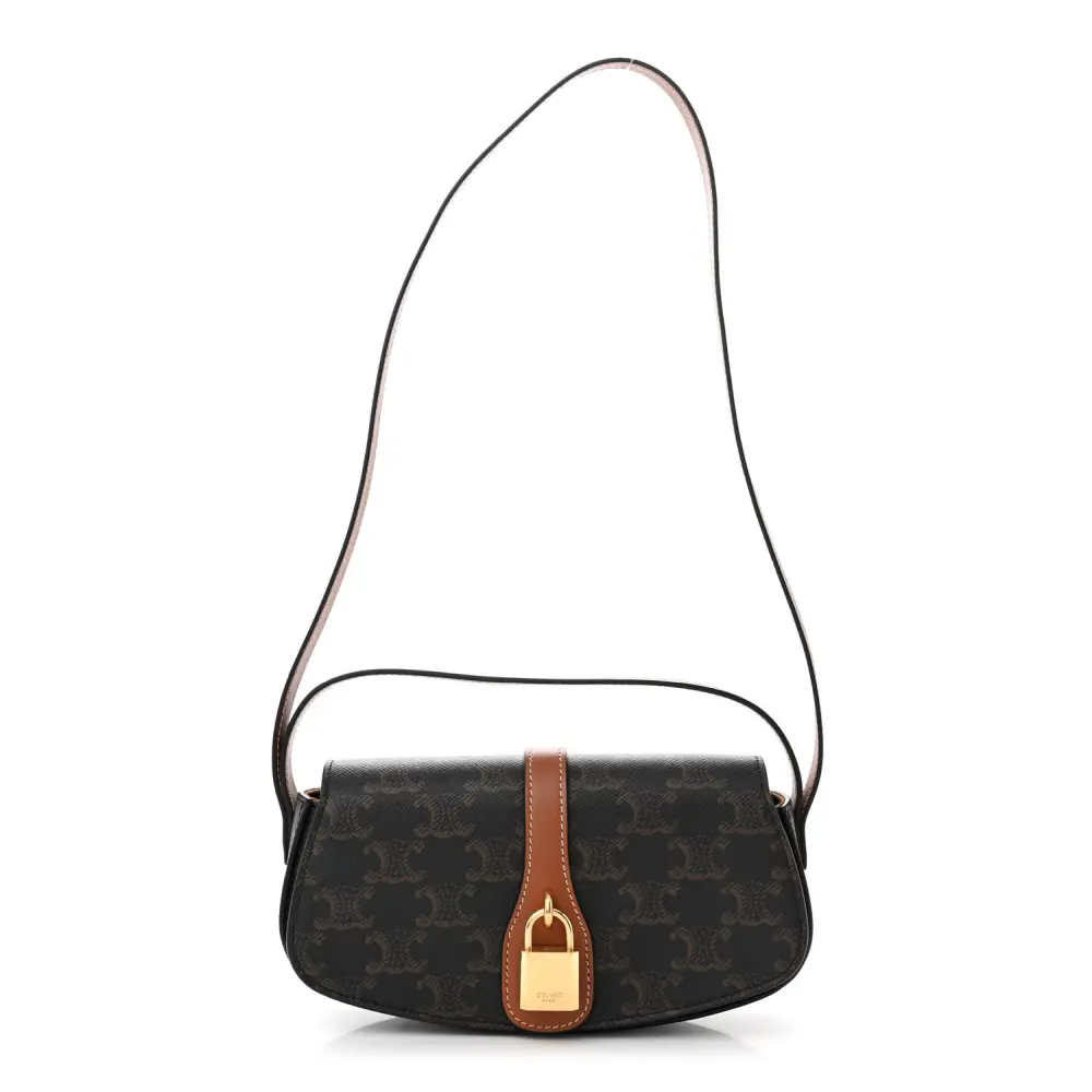 Lushentic Celine Medium Tabou Clutch on Strap Tan Triomphe Canvas Calfskin Leather Gold Hardware Front