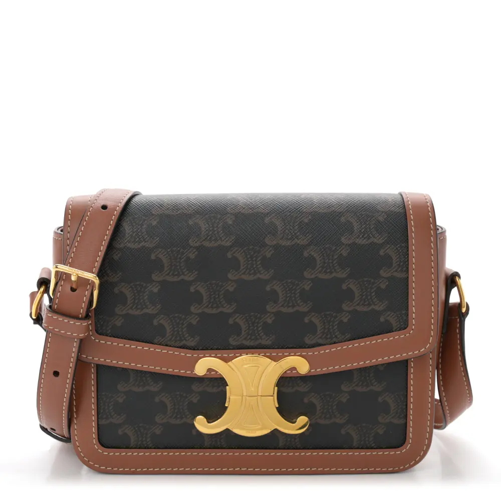Lushentic Celine Medium Teen Triomphe Bag Tan Calfskin Leather Triomphe Canvas Gold Hardware Front