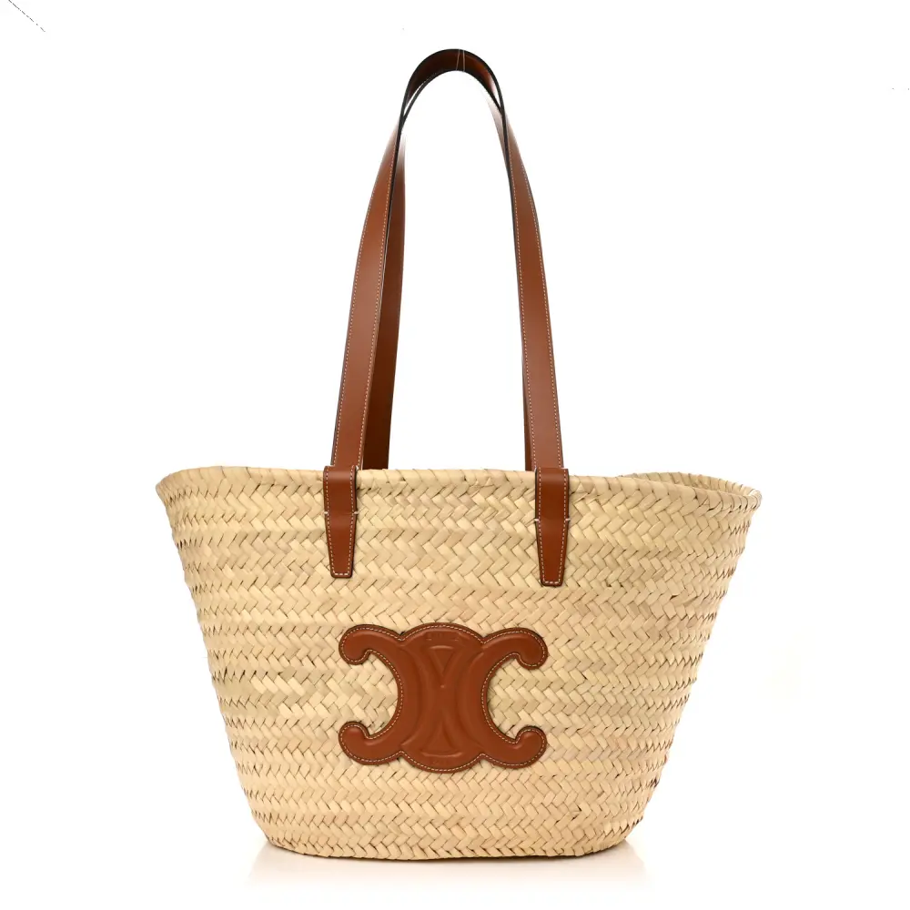 Lushentic Celine Medium Triomphe Bag Panier Tan Raffia Calfskin Leather Gold Hardware Front