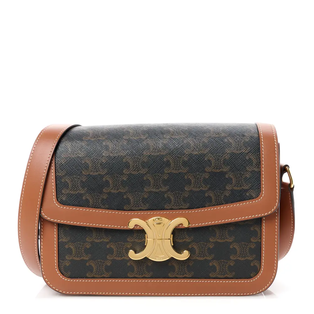 Lushentic Celine Medium Triomphe Bag Tan Triomphe Canvas Calfskin Leather Gold Hardware Front