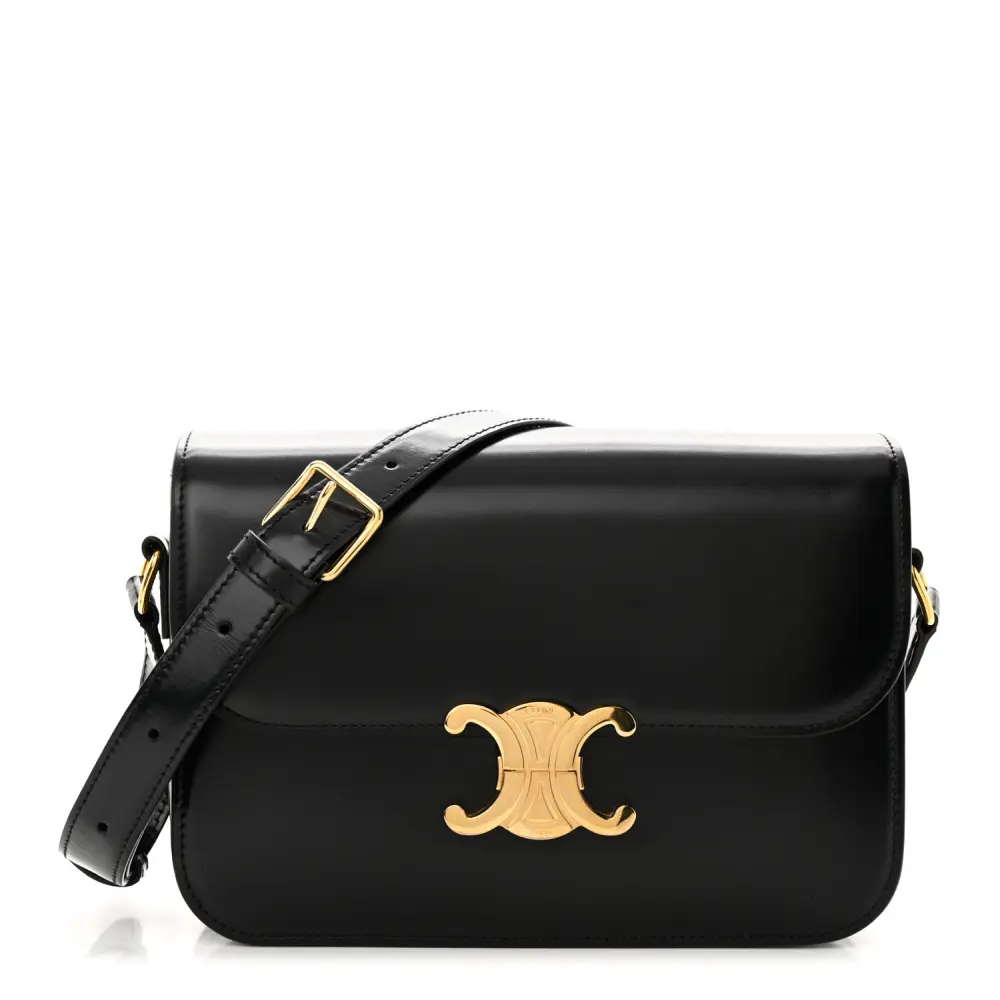 Lushentic Celine Medium Triomphe Black Shiny Calfskin Leather Gold Hardware Front