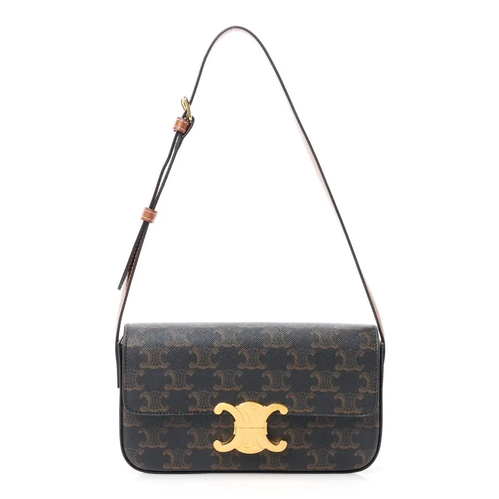 Lushentic Celine Medium Triomphe Shoulder Bag Tan Canvas Calfskin Leather Gold Hardware Front