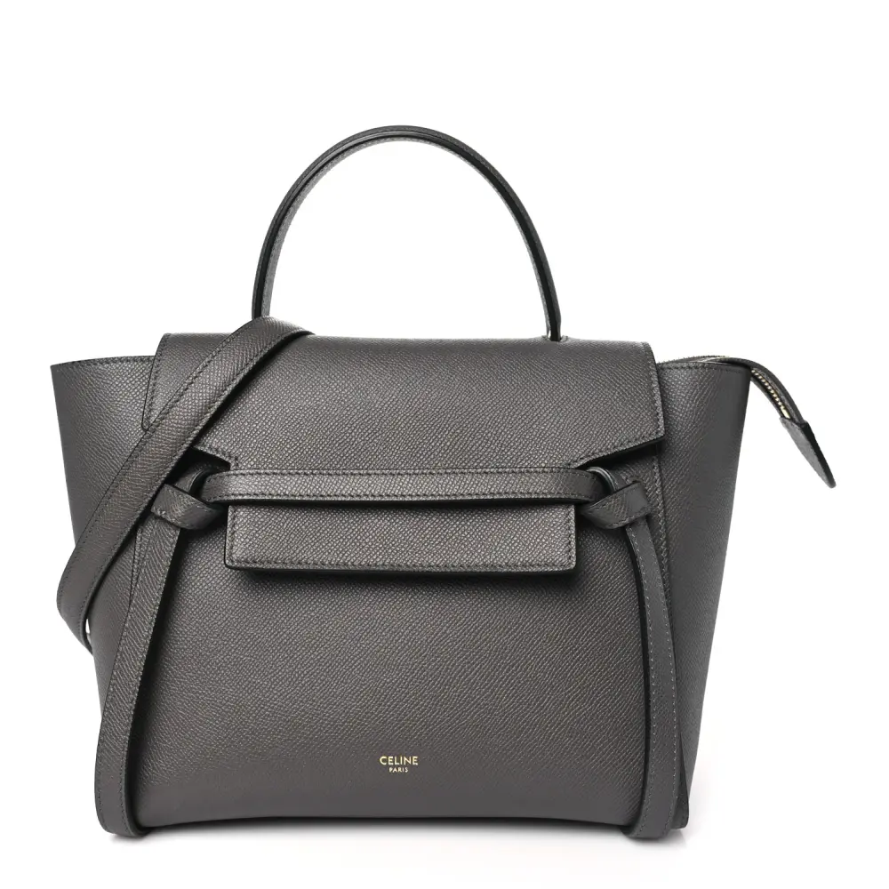 Lushentic Celine Micro Belt Bag Grey Grained Calfskin Leather Gold Hardware Front