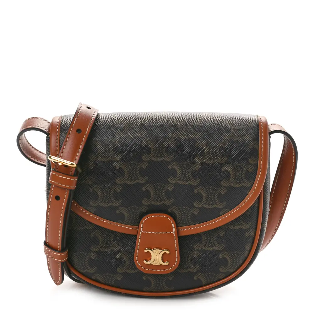Lushentic Celine Mini Besace Tan Canvas Calfskin Leather Triomphe Gold Hardware Front