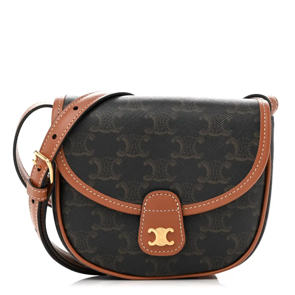 Lushentic Celine Mini Besace Tan Canvas Calfskin Leather Triomphe Gold Hardware Front