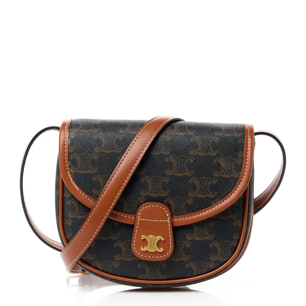 Lushentic Celine Mini Besace Tan Canvas Calfskin Leather Triomphe Gold HardwareLushentic Front
