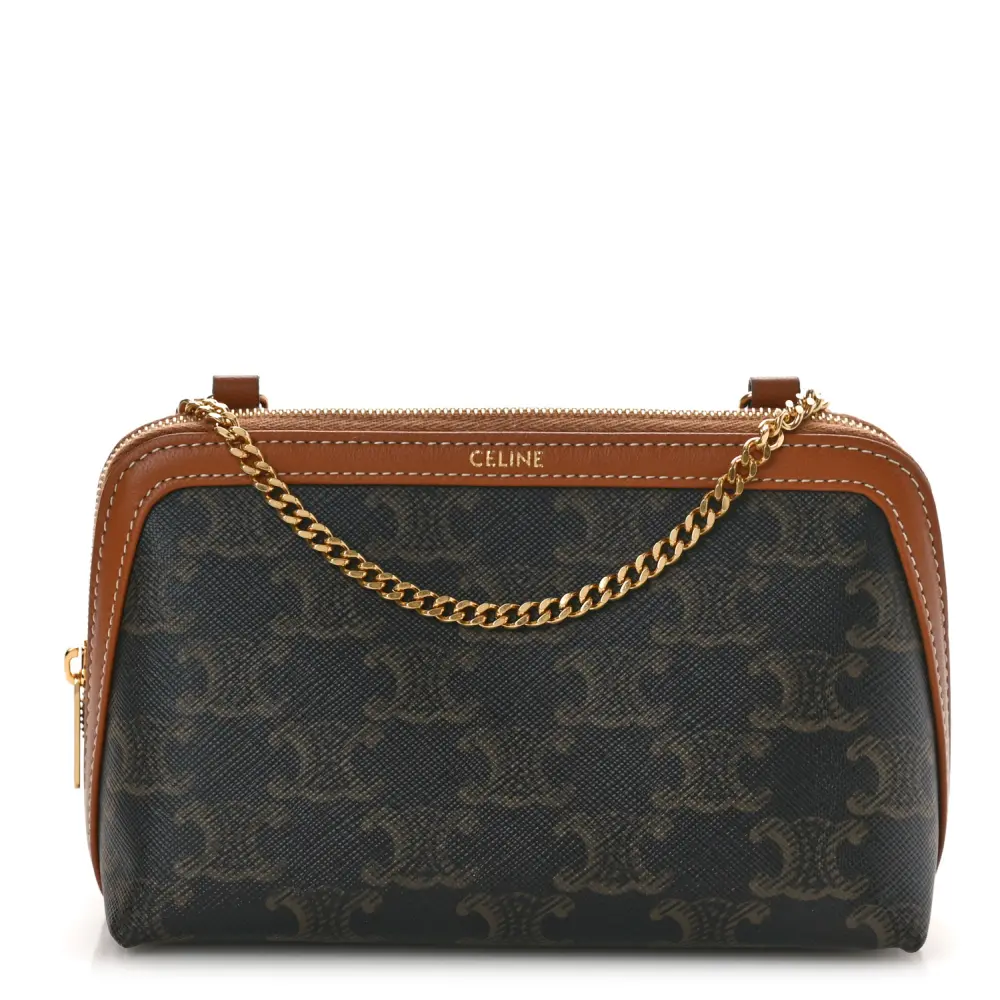 Lushentic Celine Mini Clutch on Chain Tan Triomphe Canvas Calfskin Leather Gold Hardware Front
