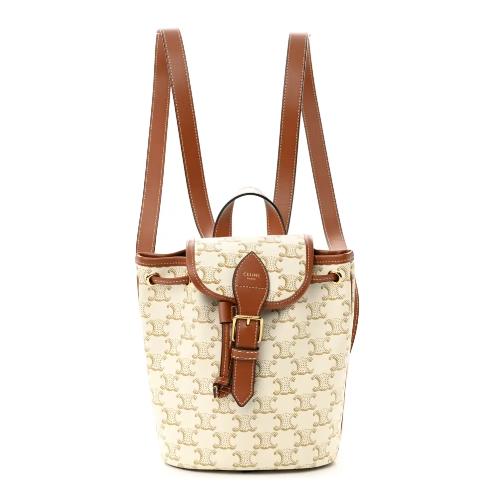 Lushentic Celine Mini Folco Backpack White Triomphe Canvas Calfskin Leather Gold Hardware Front