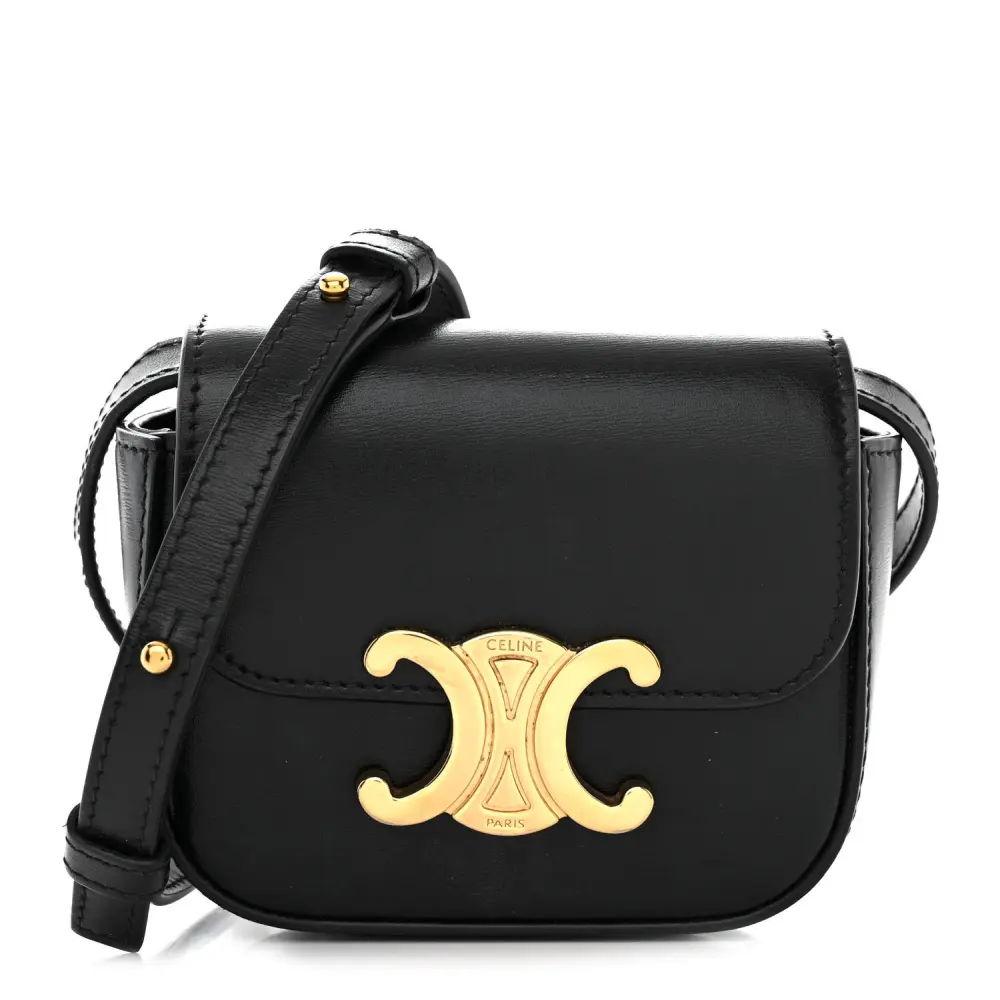 Lushentic Celine Mini Triomphe Bag Black Shiny Calfskin Leather Gold Hardware Front