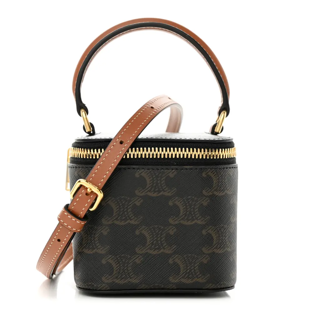 Lushentic Celine Mini Vanity Case Tan Triomphe Canvas Calfskin Leather Gold Hardware Front
