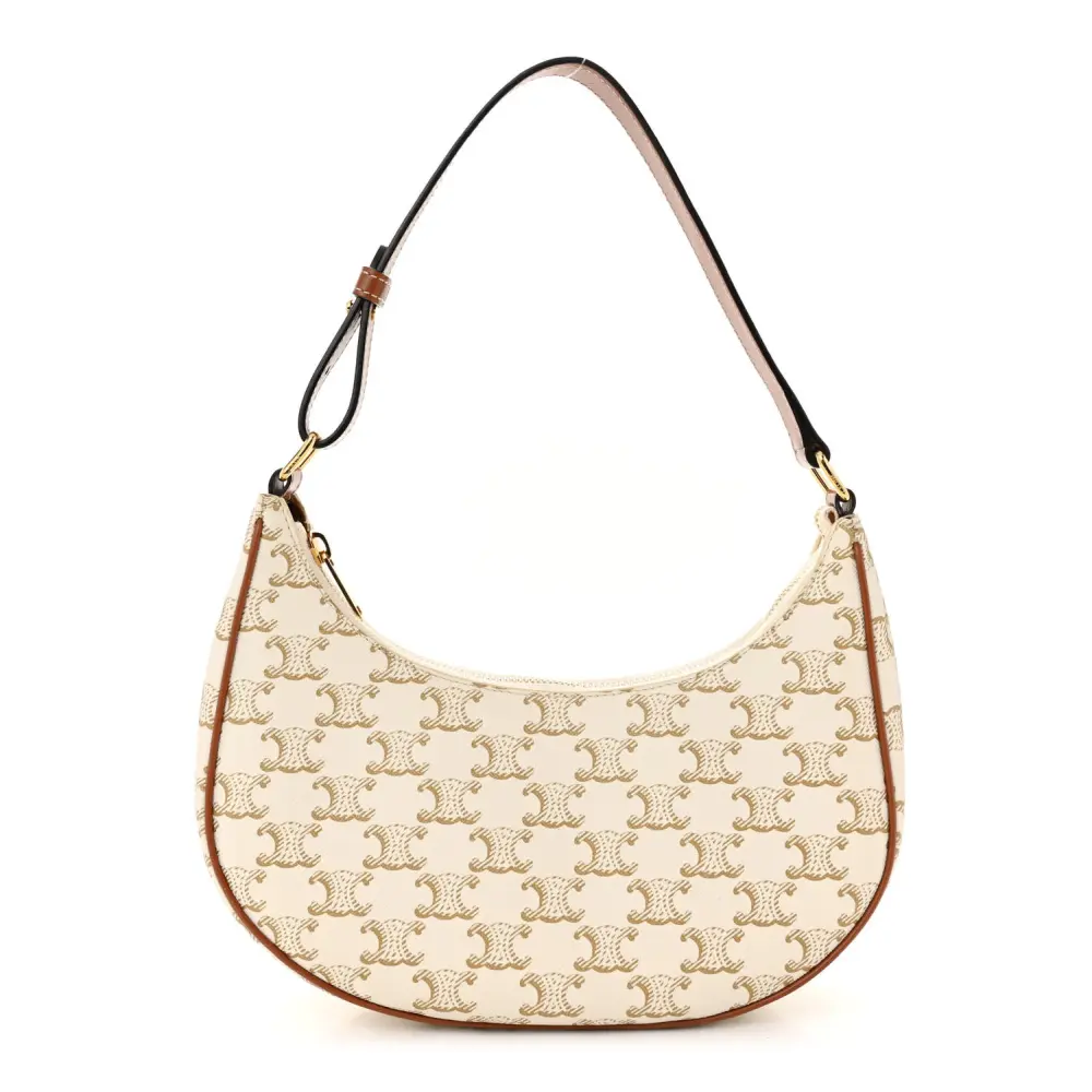 Lushentic Celine Small Ava Triomphe Shoulder Bag White Canvas Calfskin Leather Gold Hardware Front