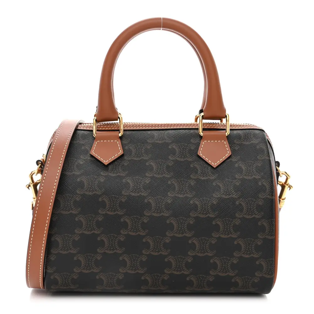 Lushentic Celine Small Boston Bag Tan Triomphe Canvas Calfskin Leather Front