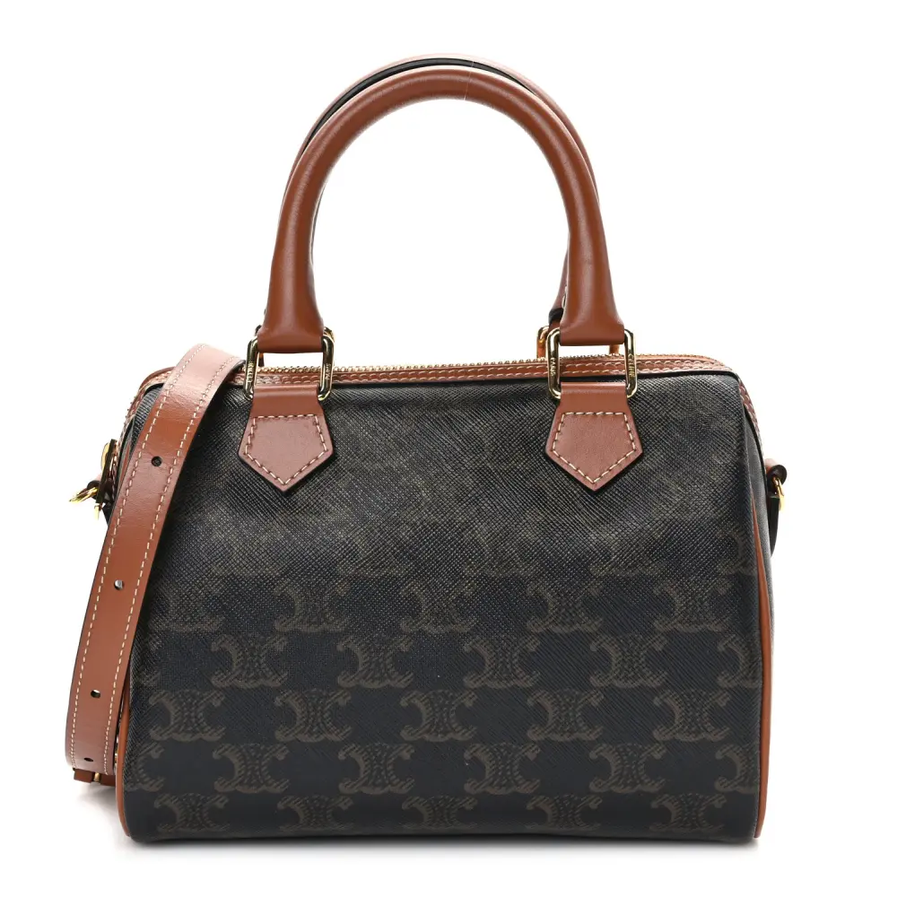 Lushentic Celine Small Boston Bag Tan Triomphe Canvas Calfskin Leather Gold Hardware Front