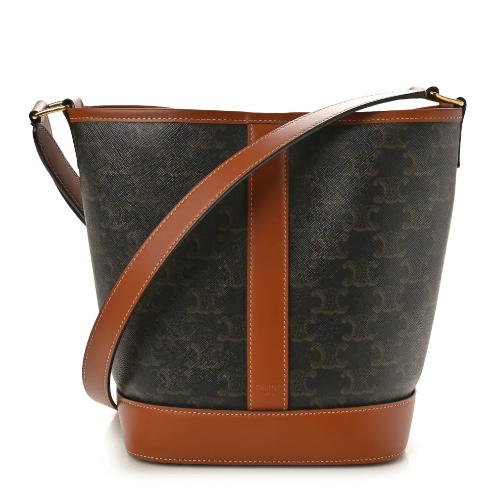Lushentic Celine Small Bucket Bag Tan Triomphe Canvas Calfskin Leather Gold Hardware Front