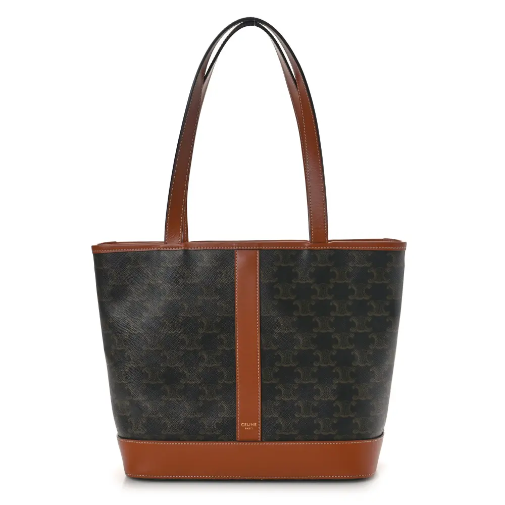 Lushentic Celine Small Cabas Bag Tan Triomphe Canvas Calfskin Leather Gold Hardware Front