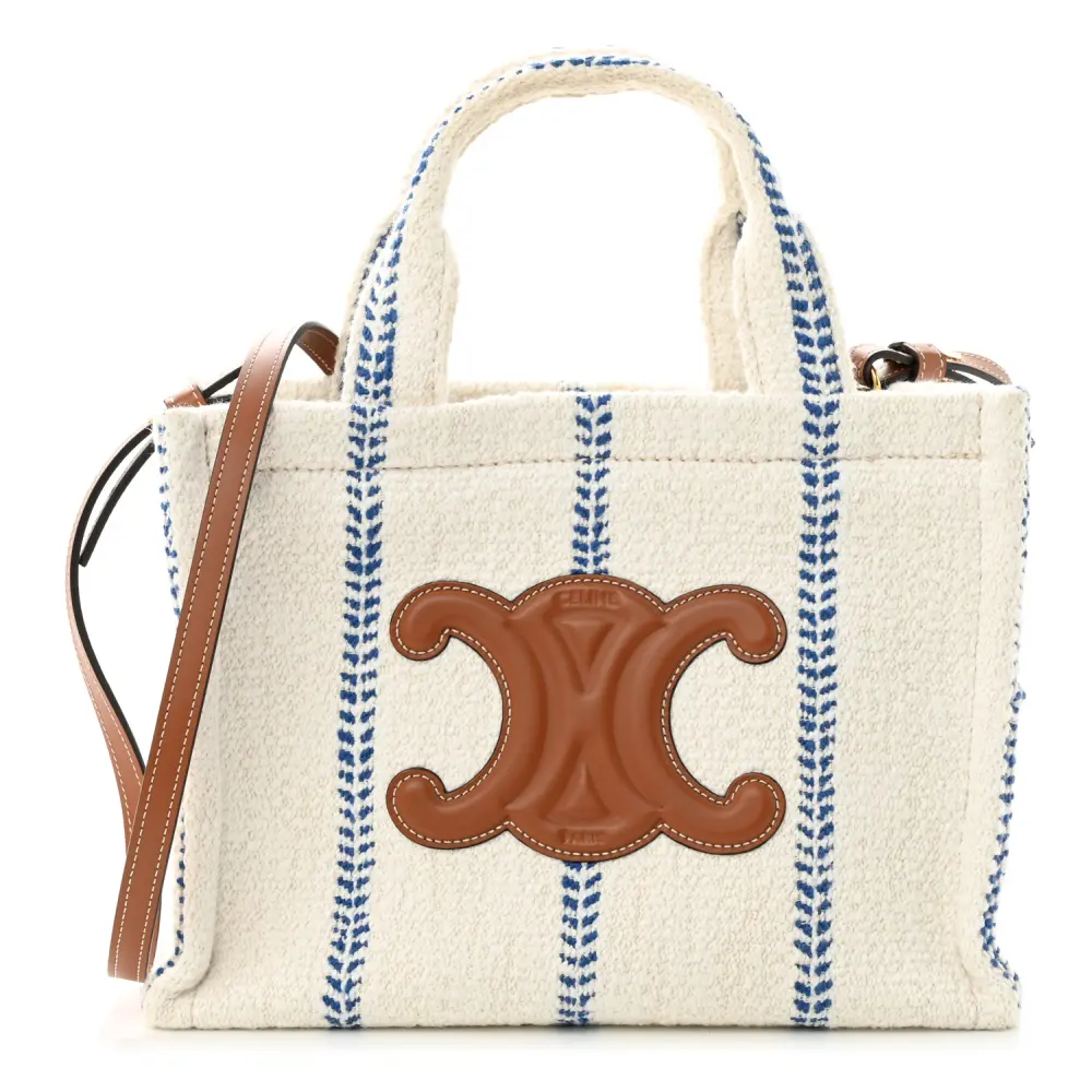 Lushentic Celine Small Cabas Thais Tote Bag WhiteBlue Canvas Calfskin Leather Stripe Front