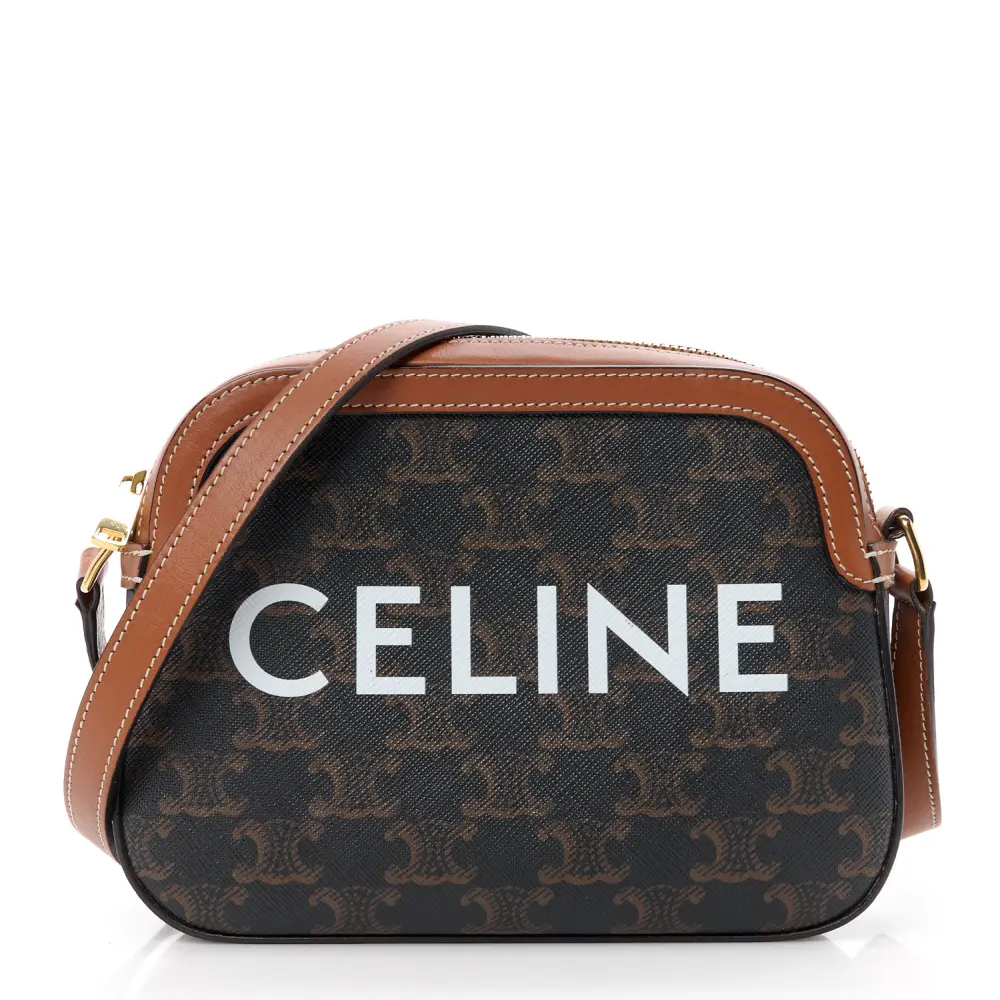 Lushentic Celine Small Camera Bag Tan Triomphe Canvas Gold Hardware Front