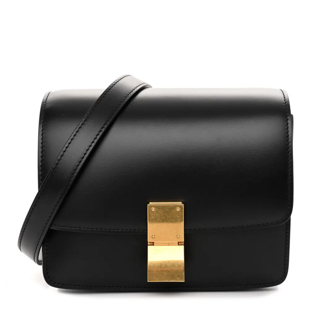 Lushentic Celine Small Classic Box Flap Bag Black Box Calfskin Leather Gold Hardware Front