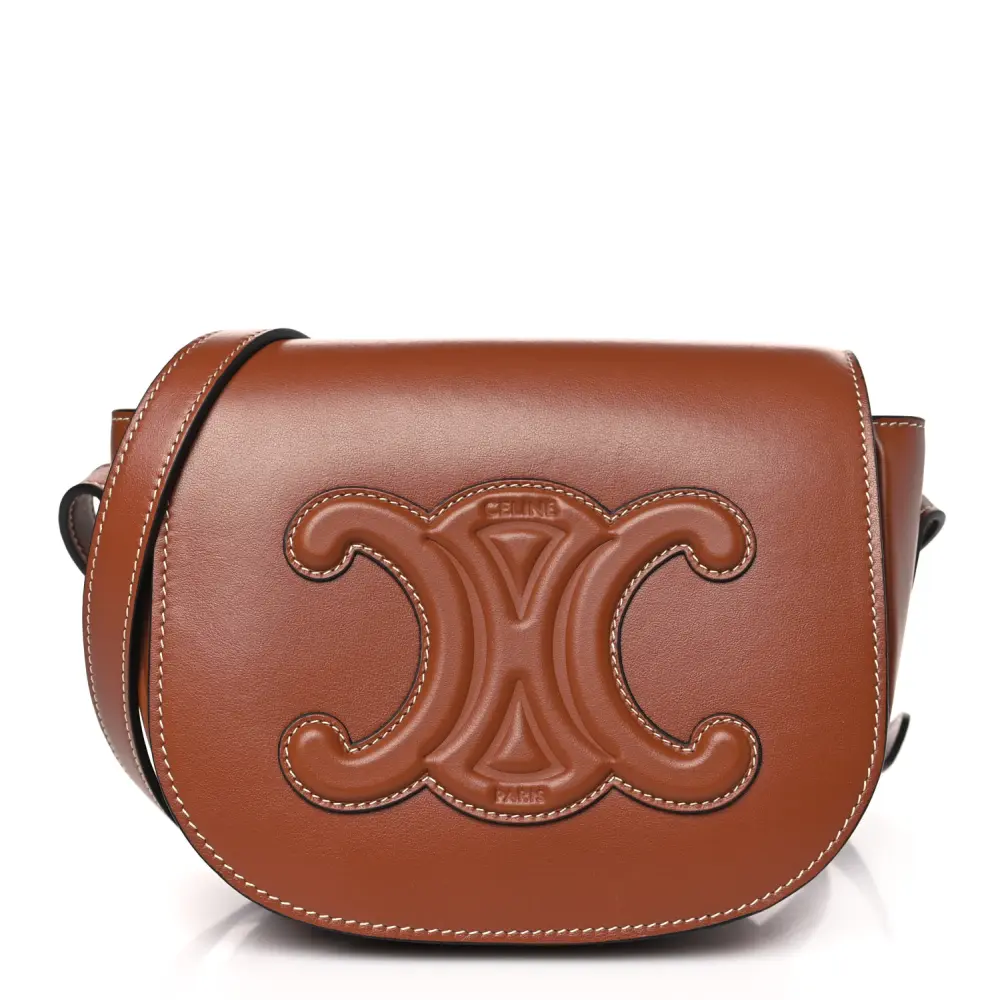 Lushentic Celine Small Cuir Triomphe Folco Crossbody Bag Tan Smooth Calfskin Leather Gold Hardware Front
