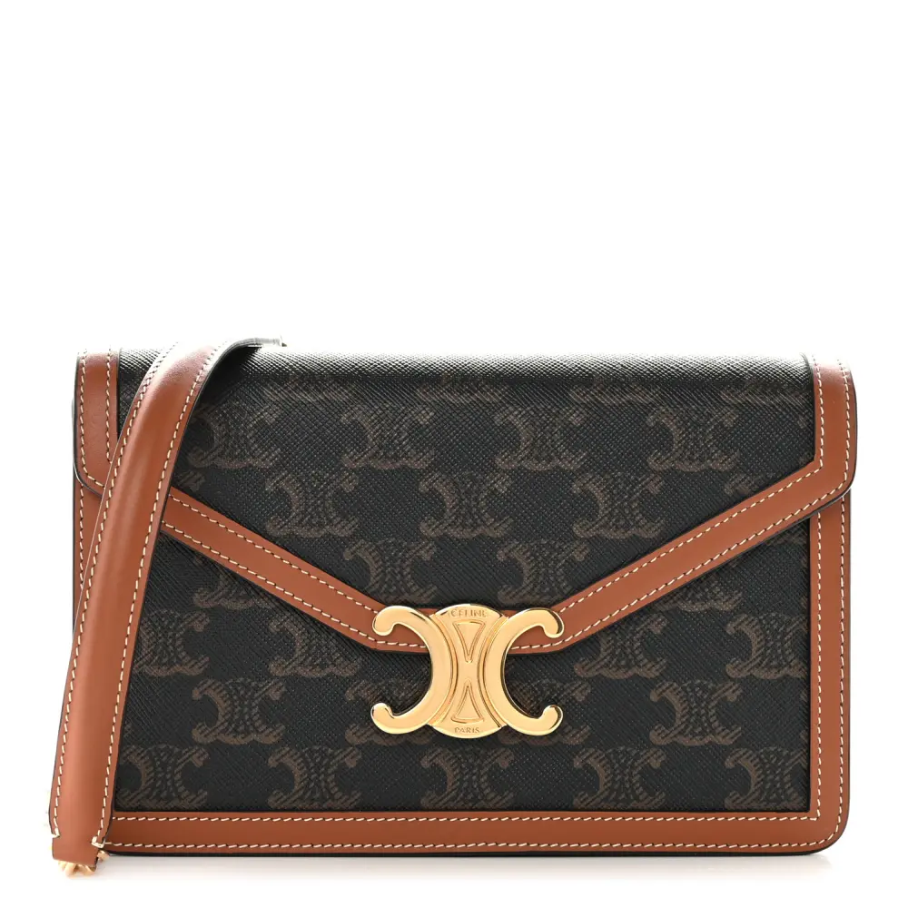 Lushentic Celine Small Margo Wallet on Chain Tan Triomphe Canvas Calfskin Leather Gold Hardware Front