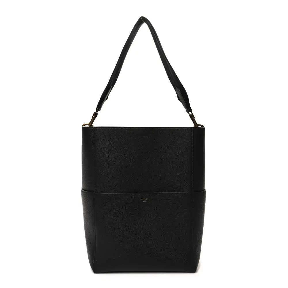 Lushentic Celine Small Sangle Bucket Bag Black Soft Grained Calfskin Leather Gold Hardware Front