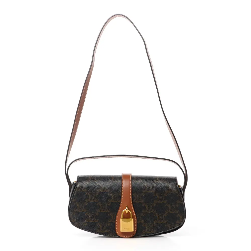 Lushentic Celine Small Tabou Clutch on Strap Tan Triomphe Canvas Calfskin Leather Gold Hardware Front