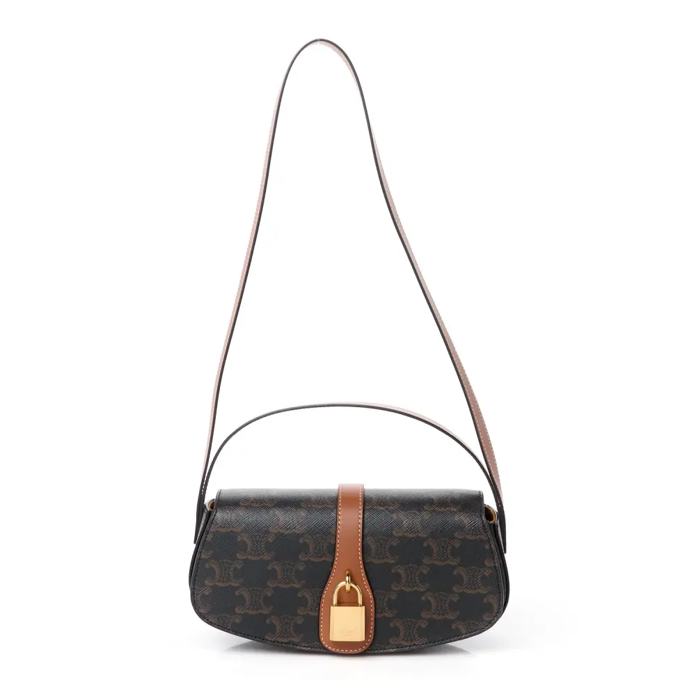 Lushentic Celine Small Tabou Clutch on Strap Tan Triomphe Canvas Calfskin Leather Gold Hardware Front