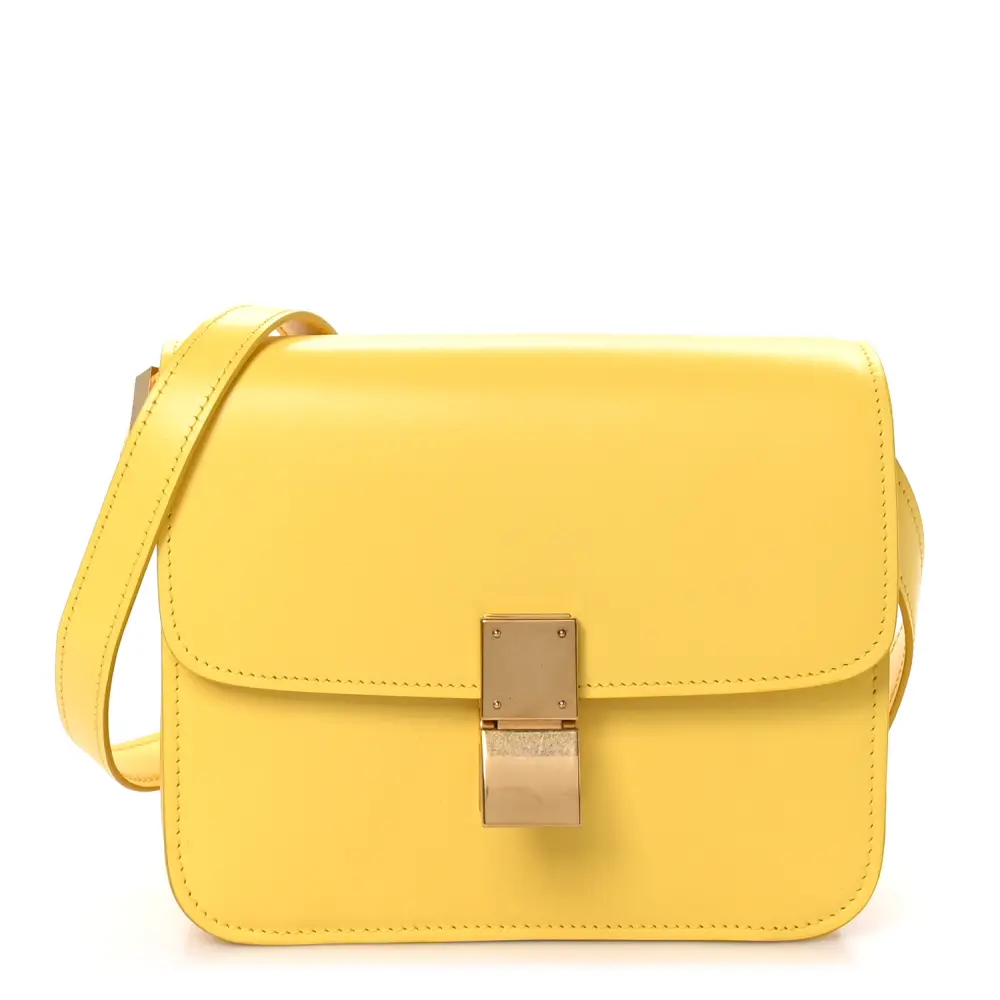 Lushentic Celine Small Teen Classic Box Flap Bag Yellow Box Calfskin Leather Gold Hardware Front