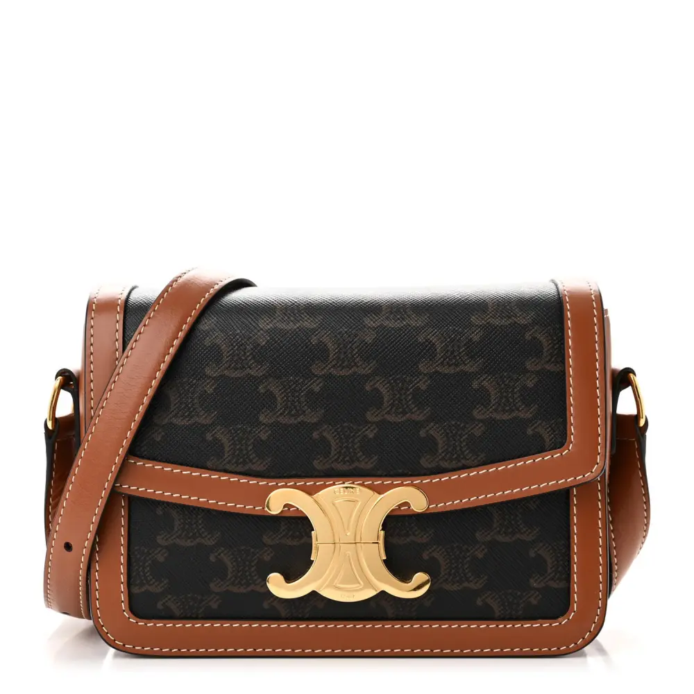 Lushentic Celine Small Teen Triomphe Bag Tan Calfskin Leather Triomphe Canvas Gold Hardware Front