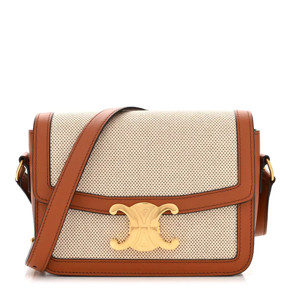 Lushentic Celine Small Teen Triomphe Bag WhiteTan Textile Natural Calfskin Leather Gold Hardware Front