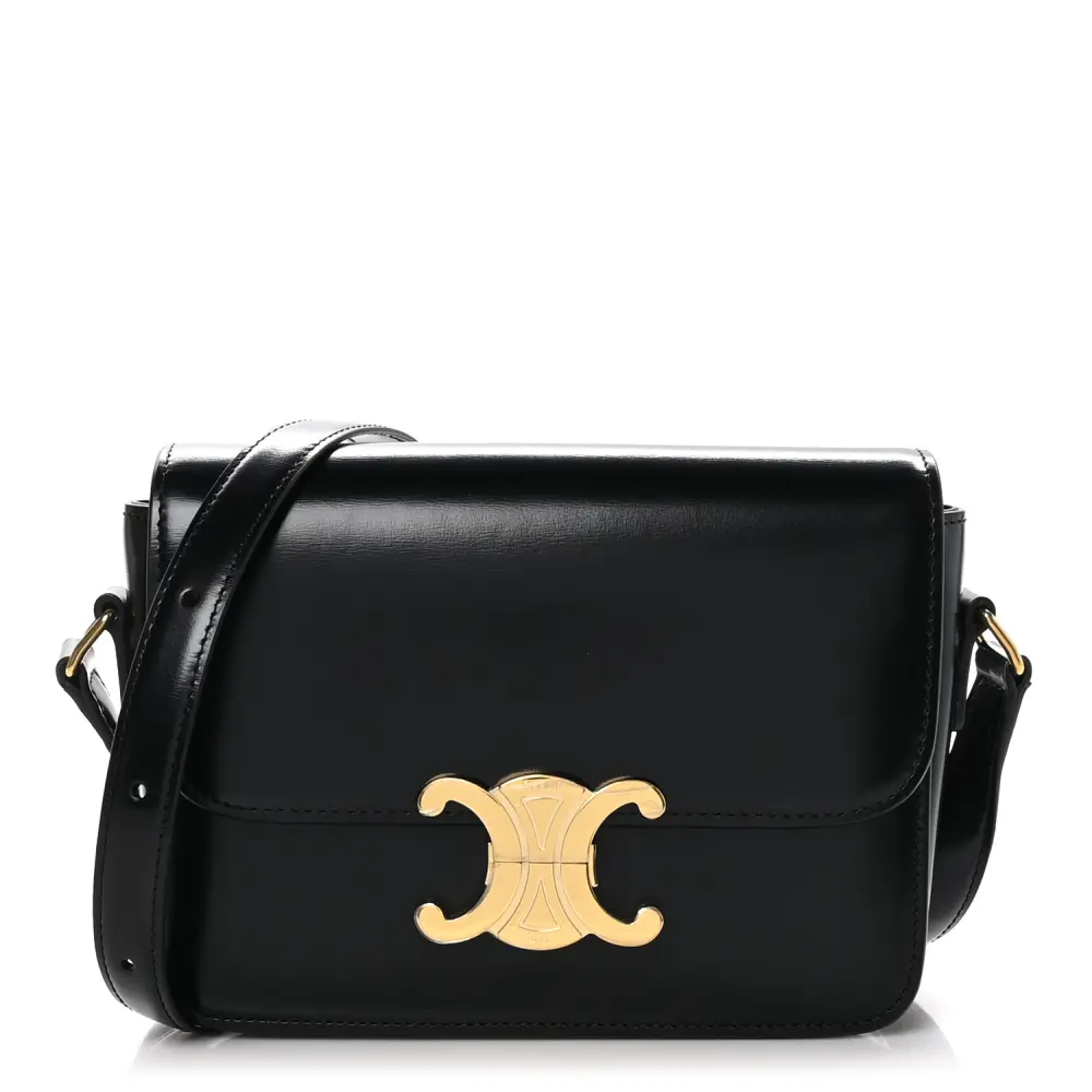 Lushentic Celine Small Triomphe Bag Black Shiny Calfskin Leather Gold Hardware Front