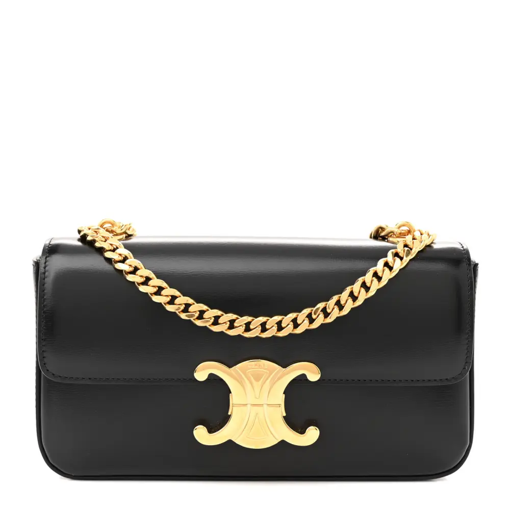 Lushentic Celine Small Triomphe Chain Shoulder Bag Black Shiny Calfskin Leather Gold Hardware Front