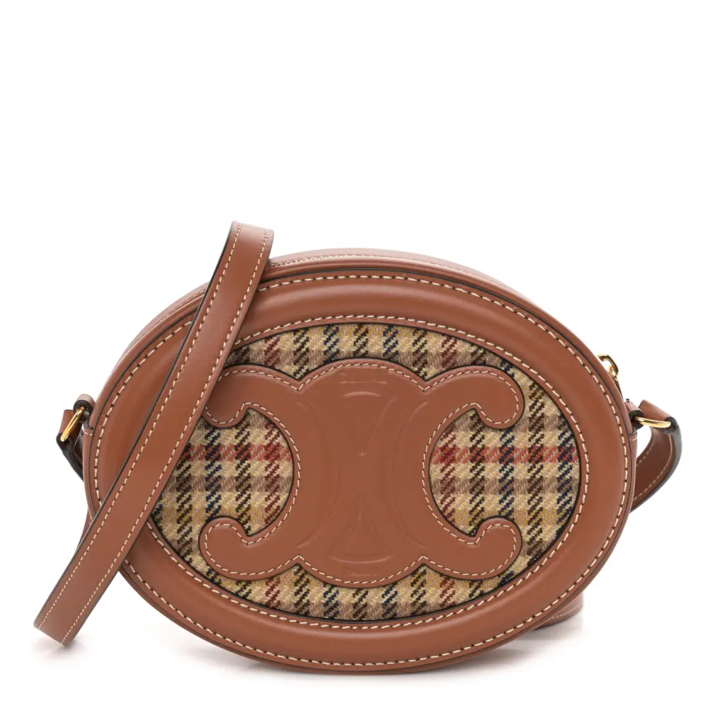 Lushentic Celine Small Triomphe Oval Purse Crossbody Tan Smooth Calfskin Leather Houndstooth Cuir Gold Hardware Front