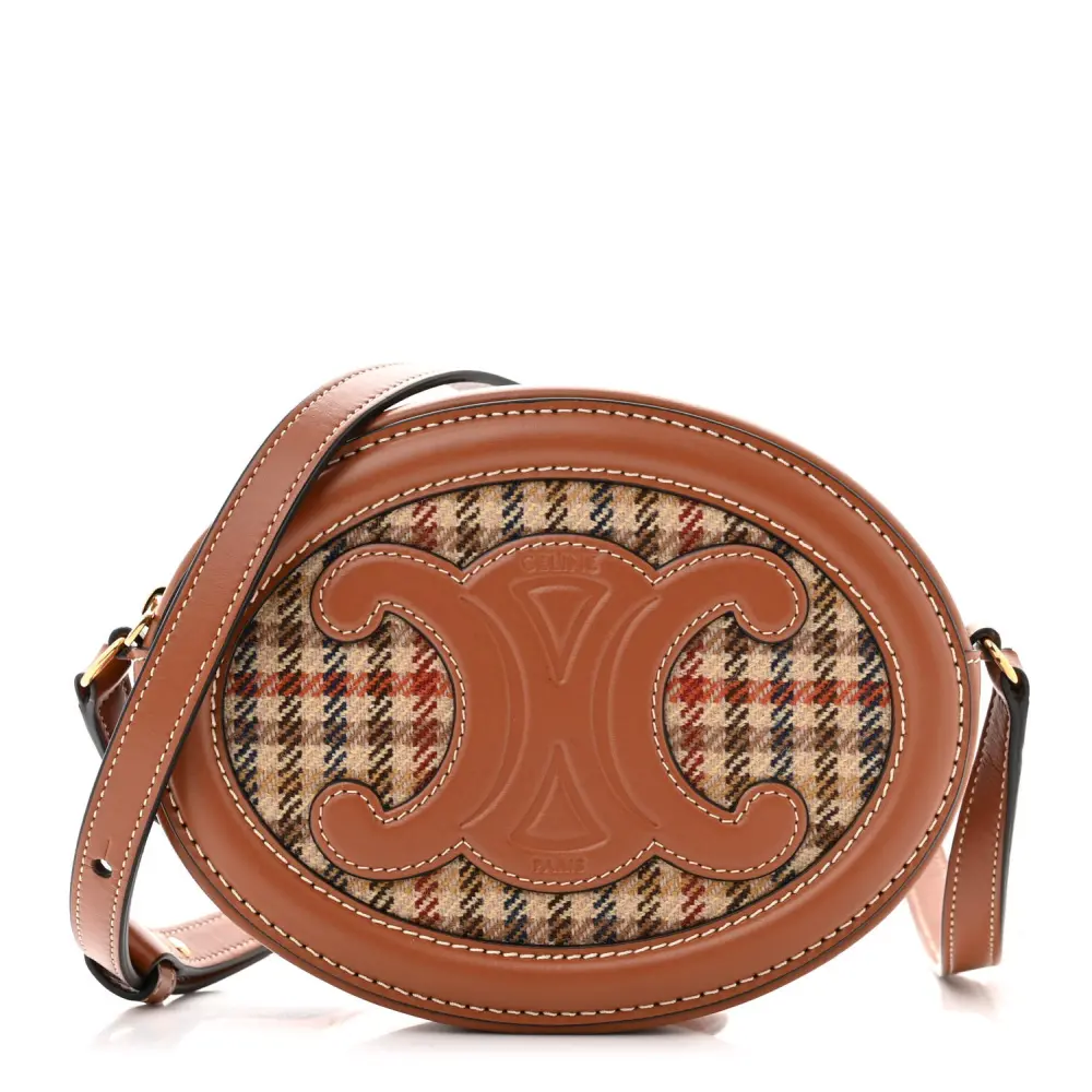 Lushentic Celine Small Triomphe Oval Purse Crossbody Tan Smooth Calfskin Leather Houndstooth Cuir Gold Hardware Front