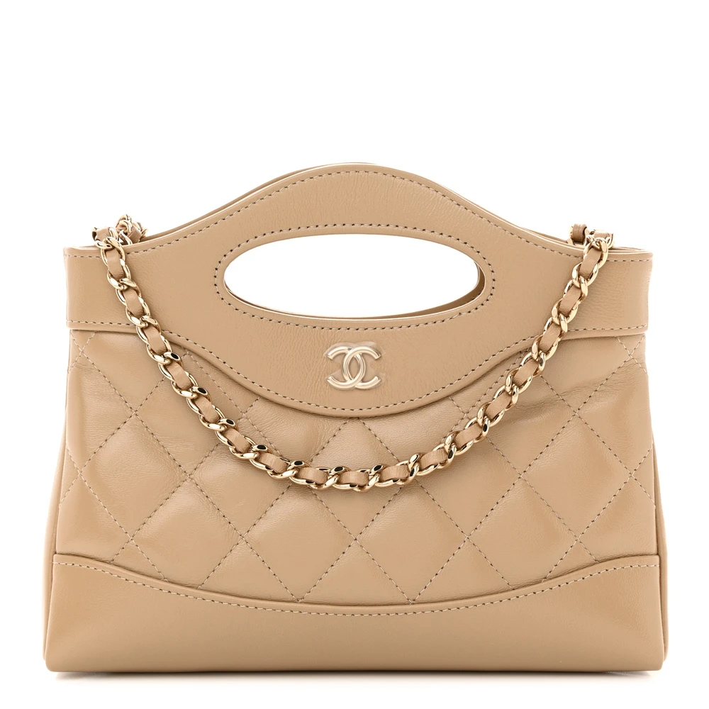 Lushentic Chanel 31 Shopping Bag Nano Beige Quilted Shiny Crumpled Calfskin Leather Gold Hardware Front